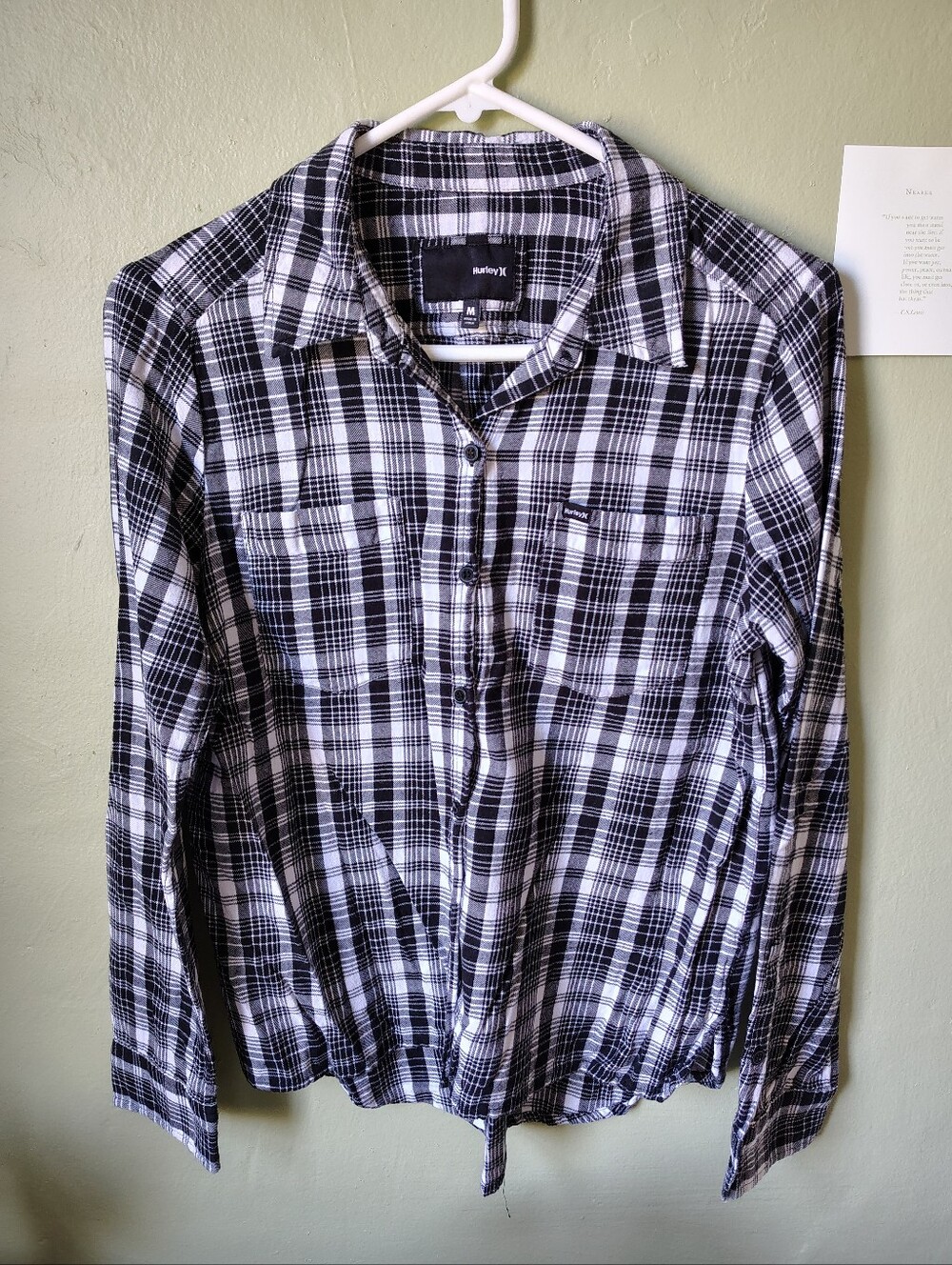 ☀️5/$25☀️ Hurley Women's Medium Black & White Plaid Button-Up 100% Cotton Shirt